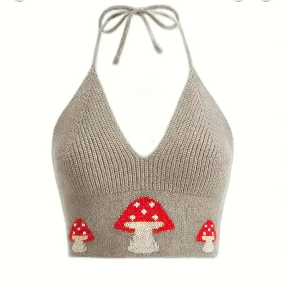 Knit halter, crop top green with mushrooms. New without tags
